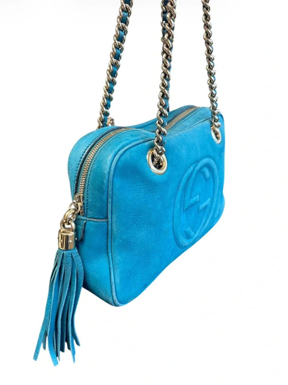 Gucci Soho Chain Strap Suede Leather Medium Bowler Bag Teal Blue Gold